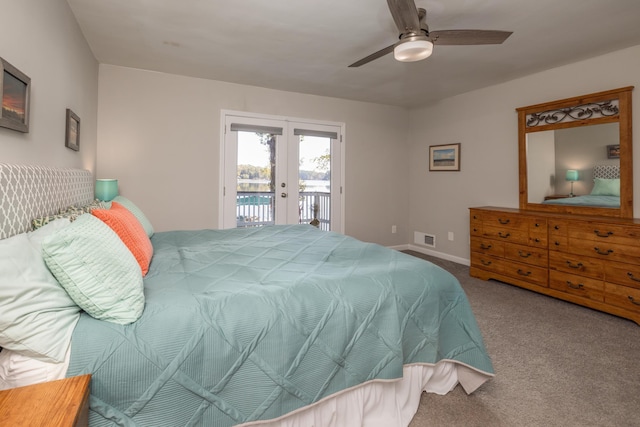 bedroom featuring carpet flooring, access to exterior, ceiling fan, and french doors