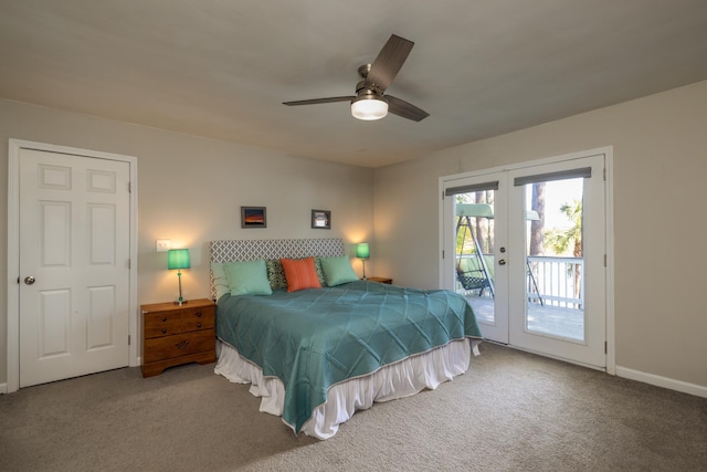 bedroom with carpet floors, access to exterior, ceiling fan, and french doors