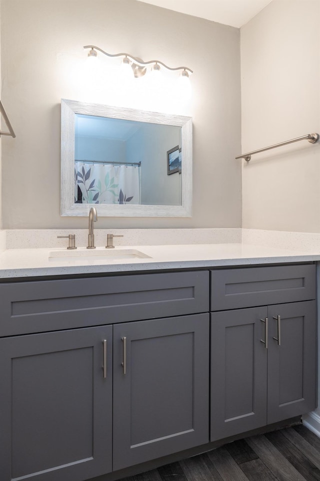 bathroom with hardwood / wood-style flooring and vanity