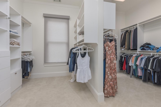 walk in closet featuring light carpet