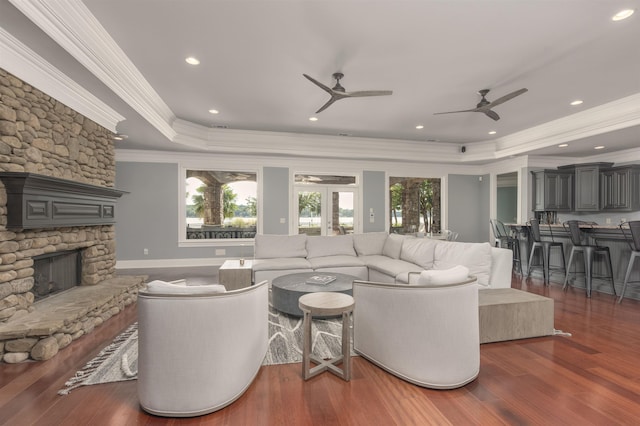 living room with french doors, a stone fireplace, ornamental molding, dark hardwood / wood-style flooring, and a raised ceiling