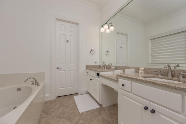 bathroom with vanity, tile patterned flooring, crown molding, and tiled bath