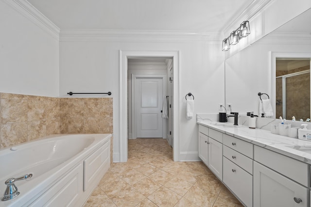 112-UNIT309 Indian Summer Path, Eatonton, GA 31024 - full bath featuring ornamental molding, a bath, double vanity, a stall shower, and baseboards