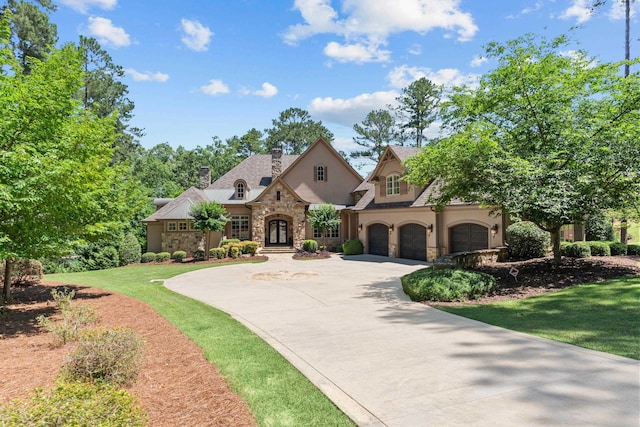 1031 Sugar Run, Greensboro, GA 30642 - french country inspired facade with stone siding, stucco siding, driveway, a chimney, and an attached garage