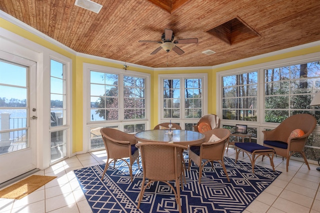 sunroom / solarium featuring visible vents, wooden ceiling, and a ceiling fan