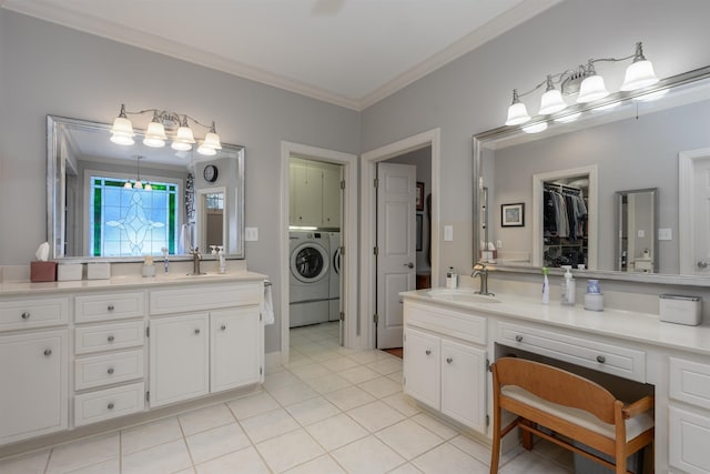140 Winnstead Pl, Eatonton, GA 31024 - full bathroom with washer and clothes dryer, crown molding, vanity, tile patterned flooring, and a walk in closet