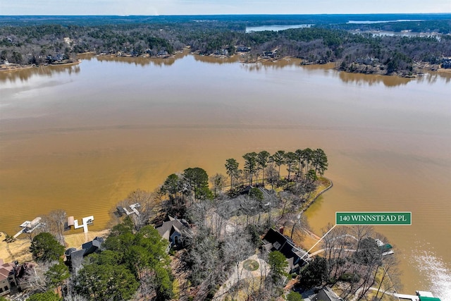 birds eye view of property featuring a view of trees and a water view