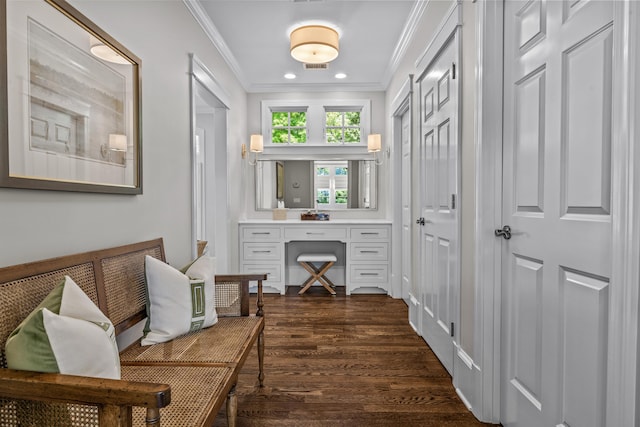 1140 Plantation Point Dr, Greensboro, GA 30642 - hall featuring recessed lighting, ornamental molding, dark wood-style flooring, and visible vents