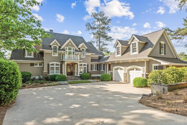 1140 Plantation Point Dr, Greensboro, GA 30642 - view of front facade with french doors, a shingled roof, concrete driveway, and stone siding