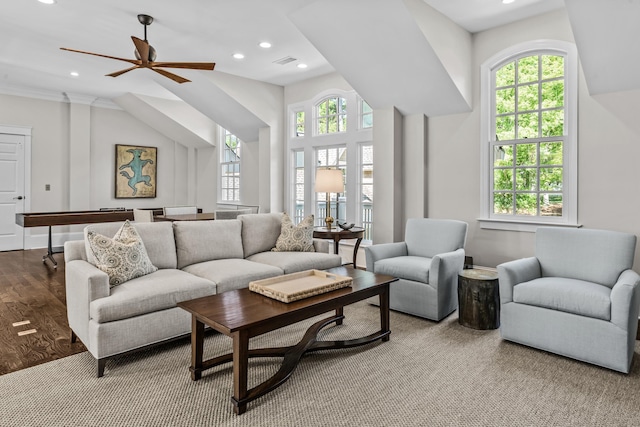1140 Plantation Point Dr, Greensboro, GA 30642 - living room featuring recessed lighting, a ceiling fan, visible vents, and a healthy amount of sunlight