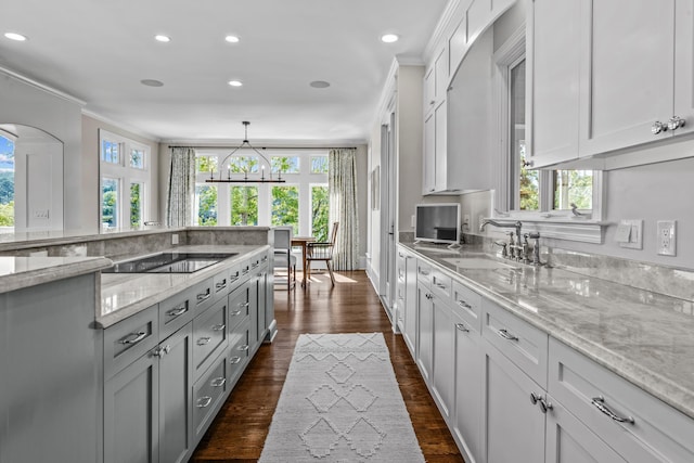 1140 Plantation Point Dr, Greensboro, GA 30642 - kitchen with crown molding, black electric cooktop, a sink, light stone counters, and recessed lighting