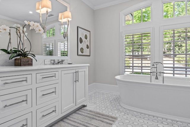 1140 Plantation Point Dr, Greensboro, GA 30642 - bathroom featuring vanity, baseboards, visible vents, ornamental molding, and a soaking tub