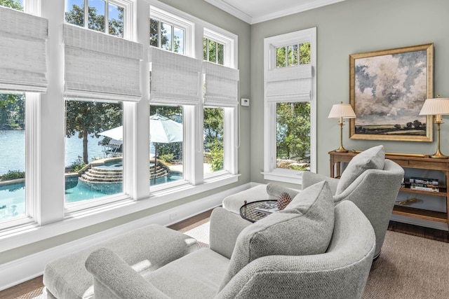 1140 Plantation Point Dr, Greensboro, GA 30642 - sitting room with crown molding, baseboards, and a water view