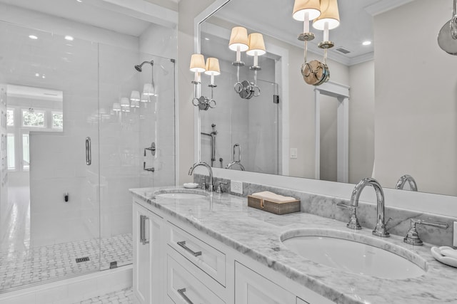 1140 Plantation Point Dr, Greensboro, GA 30642 - bathroom with visible vents, a sink, and a stall shower