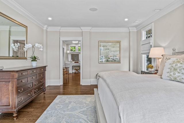 1140 Plantation Point Dr, Greensboro, GA 30642 - bedroom with recessed lighting, baseboards, ornamental molding, and dark wood-type flooring