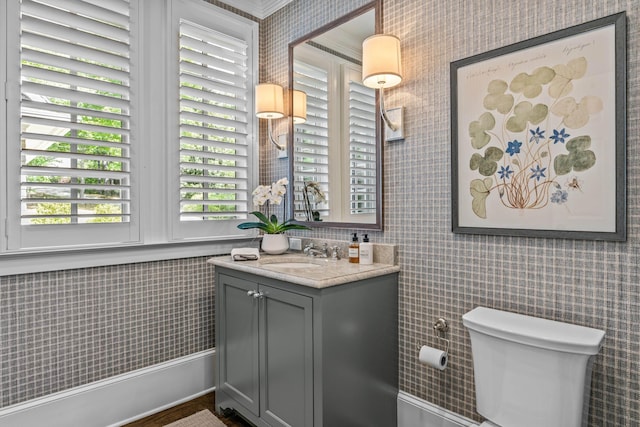 1140 Plantation Point Dr, Greensboro, GA 30642 - half bathroom featuring vanity, toilet, and tile walls