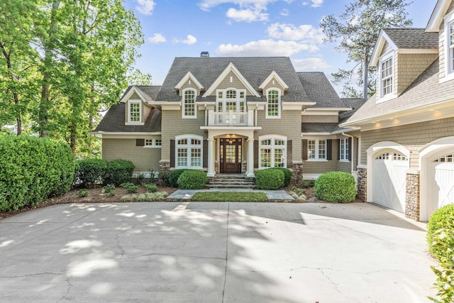 1140 Plantation Point Dr, Greensboro, GA 30642 - view of front of home featuring concrete driveway, a shingled roof, a balcony, and stone siding