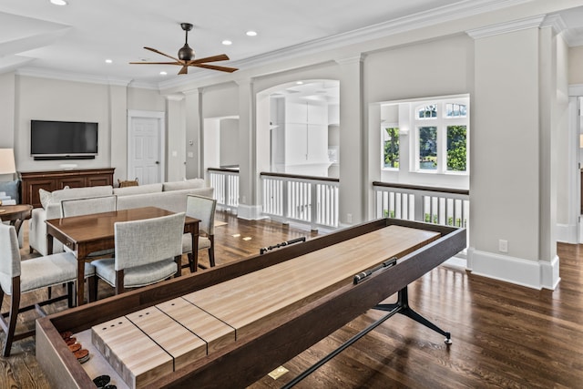 1140 Plantation Point Dr, Greensboro, GA 30642 - dining room with crown molding, ceiling fan, recessed lighting, baseboards, and wood finished floors