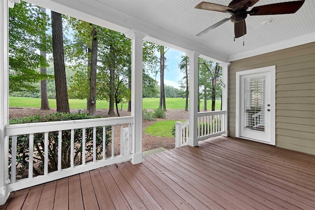 wooden deck featuring ceiling fan and a porch