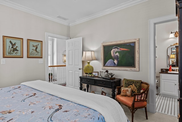 carpeted bedroom with ornamental molding and visible vents