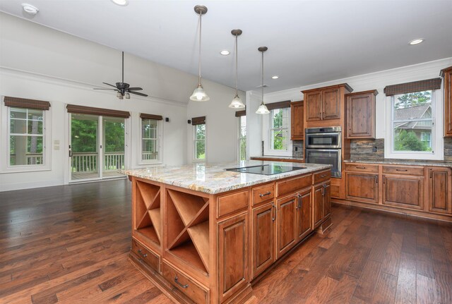 1080 Club Pointe Cir, Greensboro, GA 30642 - kitchen featuring black electric stovetop, stainless steel double oven, open shelves, dark wood finished floors, and a ceiling fan