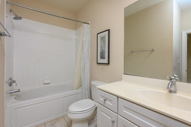 full bathroom with tile patterned flooring, vanity, toilet, and shower / tub combo with curtain