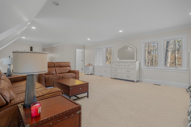 carpeted living room featuring ornamental molding
