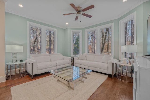 living room with crown molding, hardwood / wood-style floors, and ceiling fan
