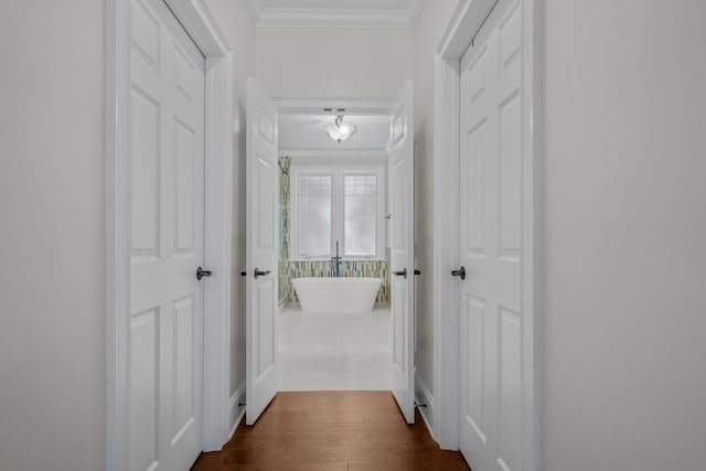 hall with ornamental molding and dark hardwood / wood-style flooring