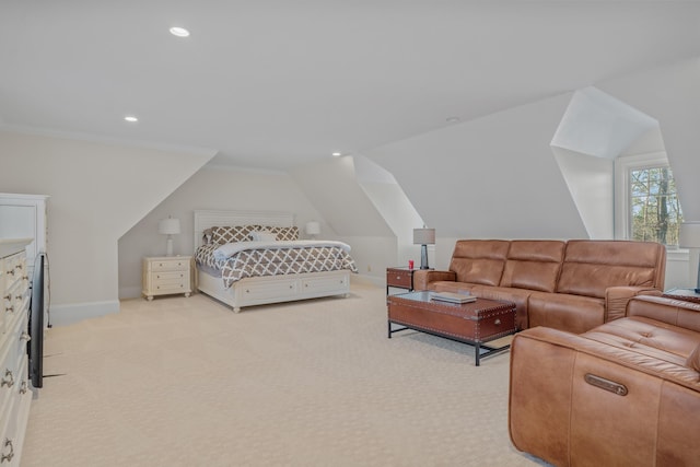 bedroom featuring crown molding, light colored carpet, and lofted ceiling