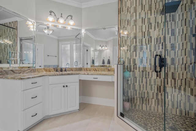 bathroom featuring vanity, an enclosed shower, crown molding, and tile patterned floors