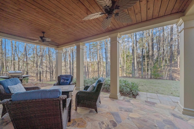 sunroom / solarium featuring ceiling fan and wooden ceiling