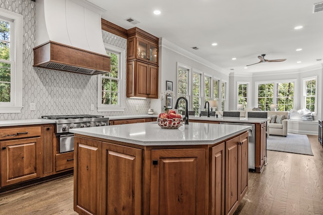 kitchen featuring light hardwood / wood-style flooring, crown molding, custom exhaust hood, and a center island with sink