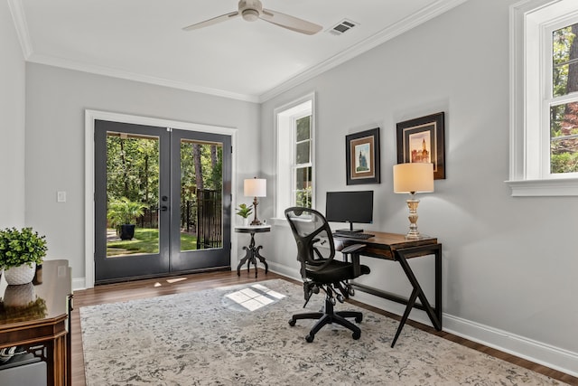 office area with crown molding, wood-type flooring, and french doors