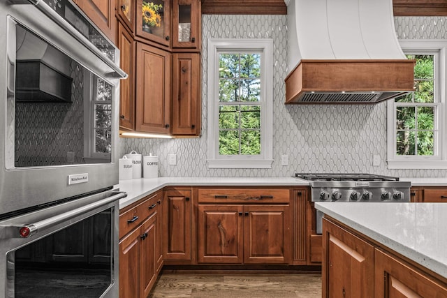 kitchen featuring backsplash, stainless steel appliances, custom range hood, and plenty of natural light