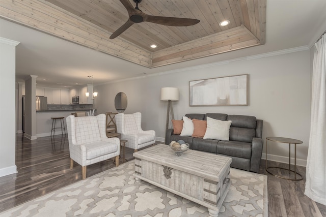 1061B Club House Ln, Greensboro, GA 30642 - living room featuring baseboards, crown molding, wooden ceiling, and a raised ceiling