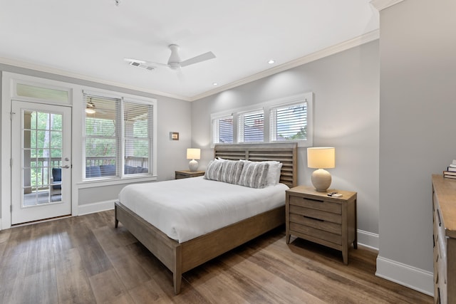 1010F Tailwater, Greensboro, GA 30642 - bedroom featuring access to exterior, baseboards, wood finished floors, visible vents, and ornamental molding