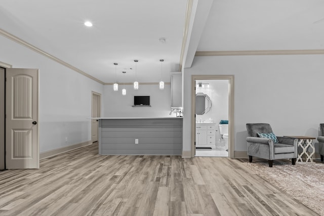 living room with ornamental molding and light hardwood / wood-style floors