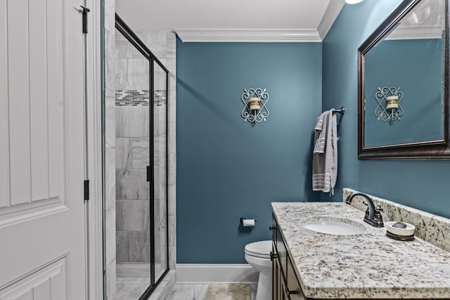 bathroom featuring crown molding, toilet, vanity, and walk in shower