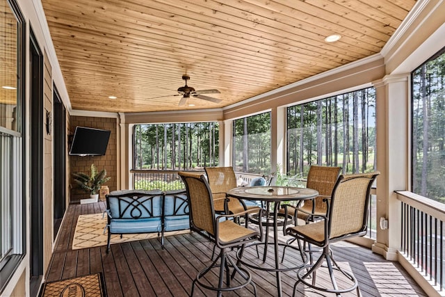 sunroom / solarium with wooden ceiling and ceiling fan