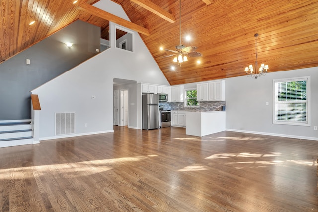 unfurnished living room with dark wood-type flooring, wood ceiling, high vaulted ceiling, beamed ceiling, and ceiling fan with notable chandelier