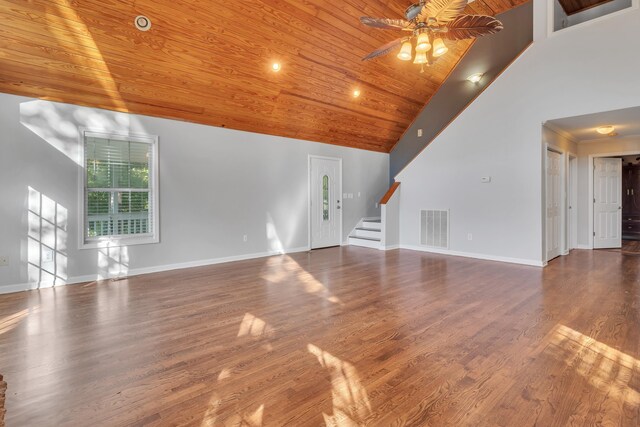 unfurnished living room with ceiling fan, high vaulted ceiling, dark hardwood / wood-style floors, and wood ceiling