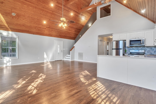 unfurnished living room with wood ceiling, ceiling fan, dark hardwood / wood-style floors, and high vaulted ceiling