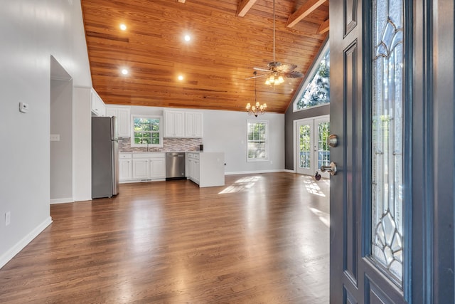 unfurnished living room with high vaulted ceiling, dark hardwood / wood-style floors, sink, and wood ceiling