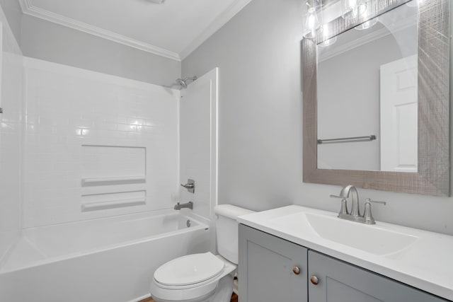 full bathroom featuring crown molding, vanity, toilet, and bathing tub / shower combination