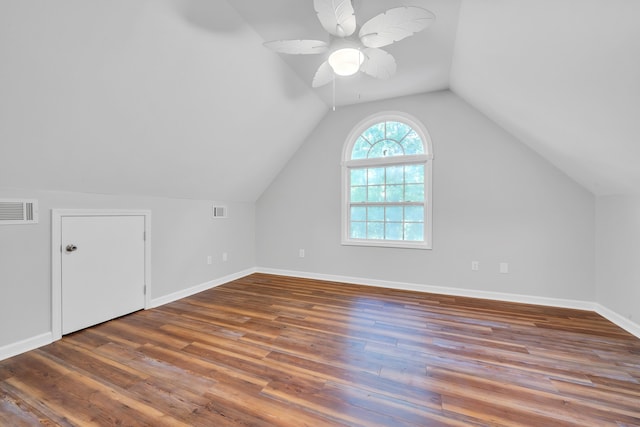 bonus room with lofted ceiling, hardwood / wood-style flooring, and ceiling fan