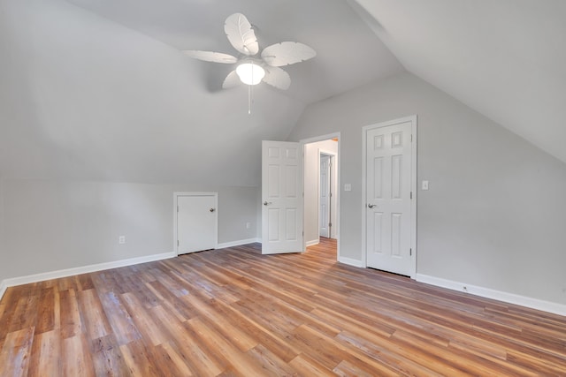 bonus room featuring ceiling fan, lofted ceiling, and light hardwood / wood-style floors