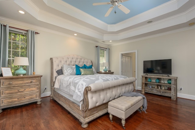 bedroom with multiple windows, a tray ceiling, and dark hardwood / wood-style floors