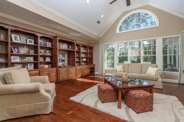 living room featuring ornamental molding, dark wood-type flooring, ceiling fan, and high vaulted ceiling