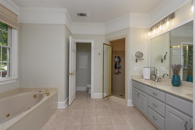 full bathroom featuring toilet, crown molding, shower with separate bathtub, vanity, and tile patterned flooring